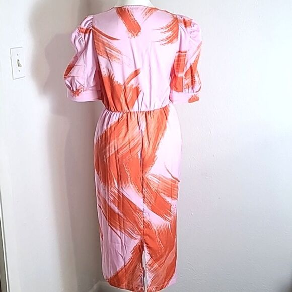 Entro Pink & Orange Midi-Dress, Short Puff Sleeves, Tie Waist, Size Small - Picture 6 of 9